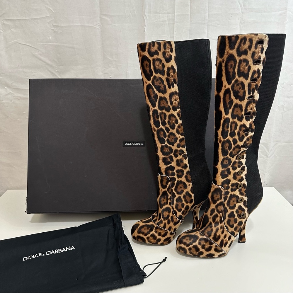 Dolce & Gabbana Leopard Pony Hair Knee Length High Heeled Boots